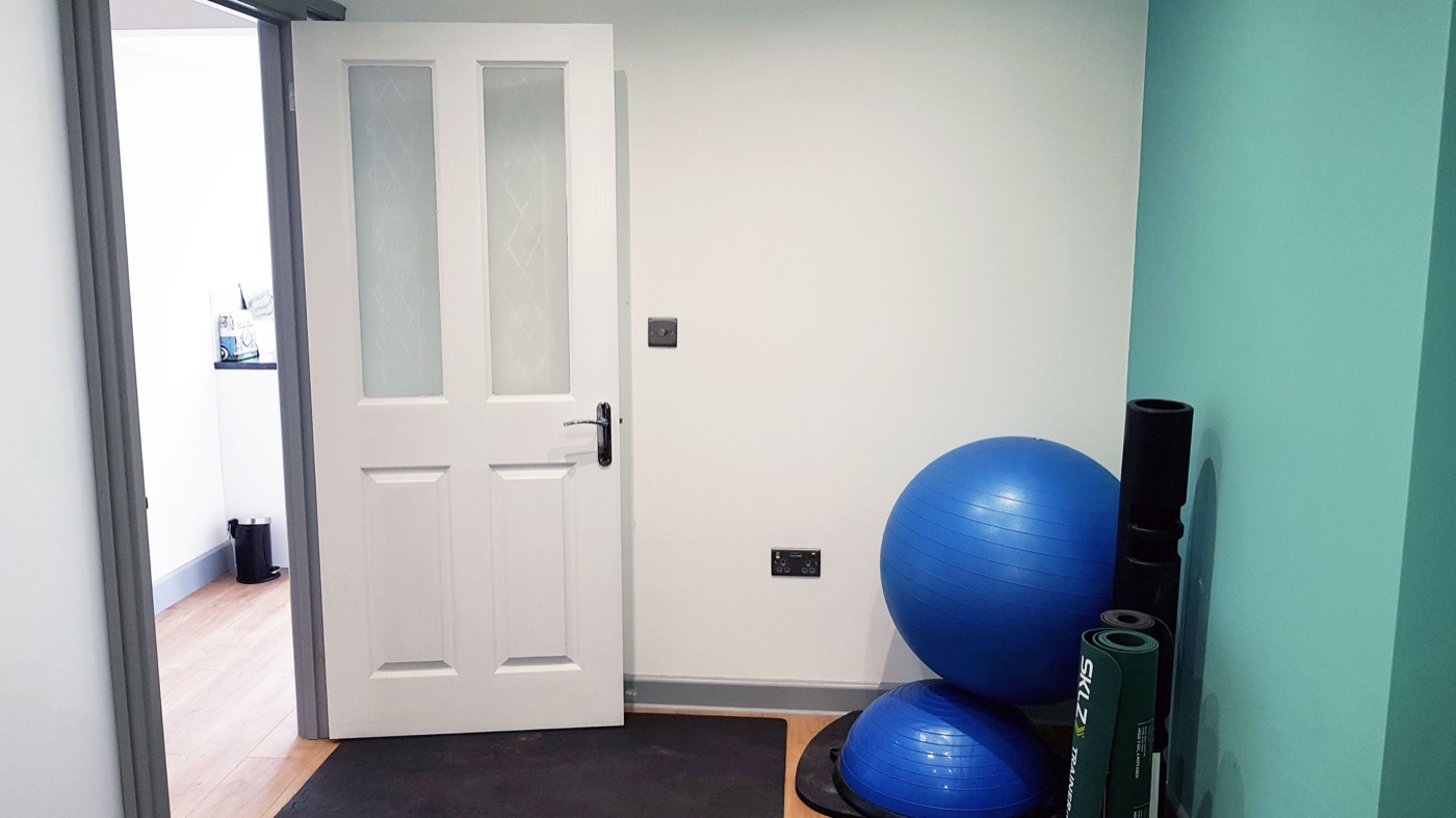 The rehabilitation room with exercise balls and foam rollers